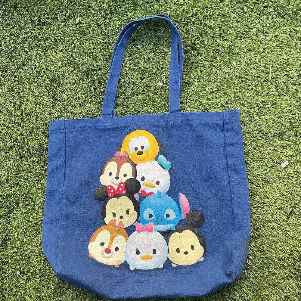 Disney Tsum Tsum Blue Canvas Tote Bag Mickey Minnie Stitch Donald Chip Dale